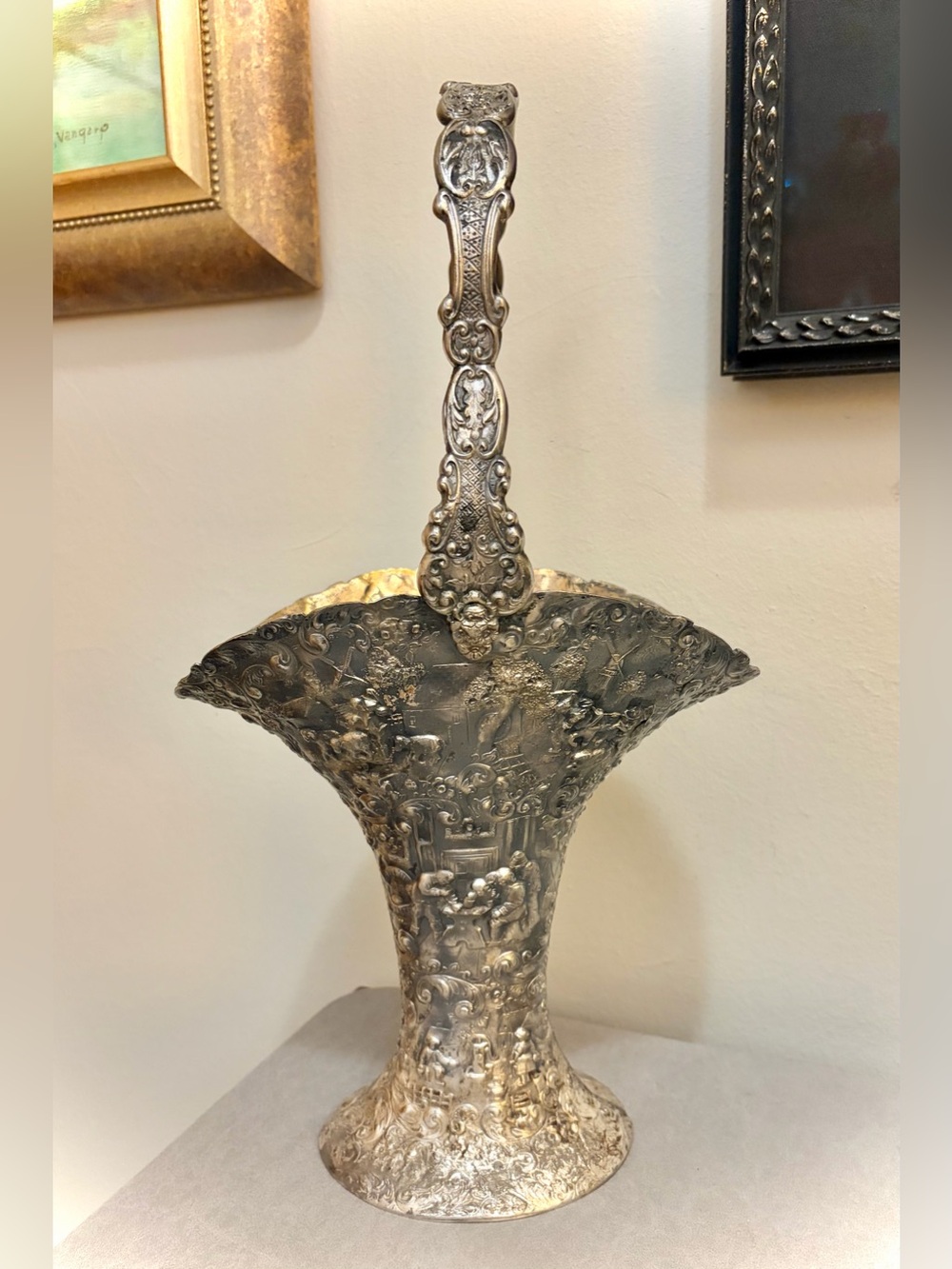Antique Barbour SP Co 3737 Silver Plate Repoussé Bride’s Basket with Handle 16”